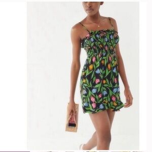 Urban Outfitters Small Sabrina Mini Dress Smocked Tulip Ruffle Floral Stretch